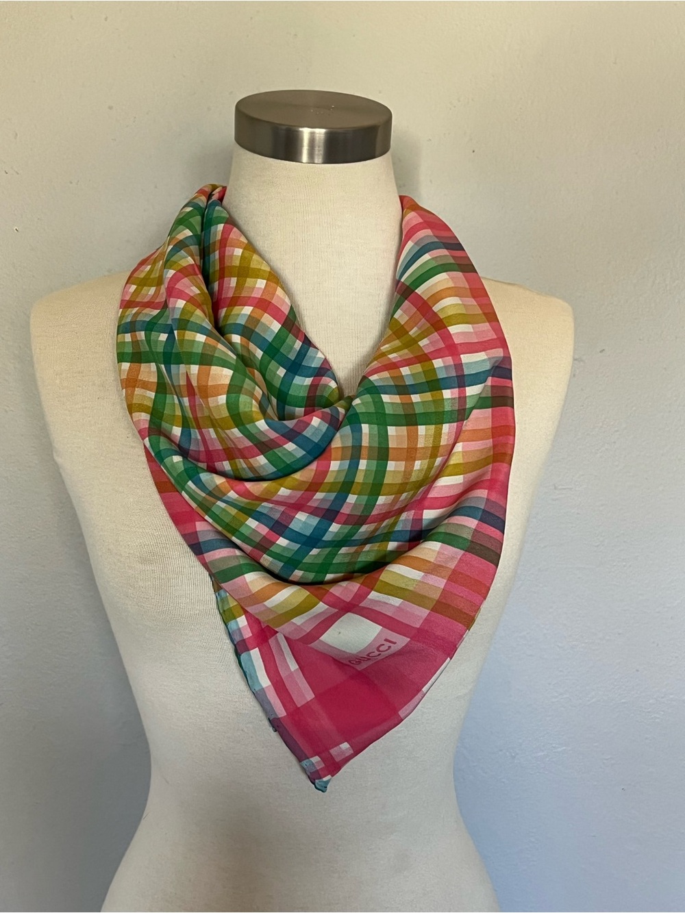 Vintage Gucci Pink Green Blue Plaid Silk Scarf